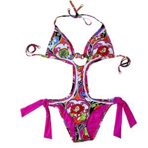 Vintage Betsey Johnson Y2K Pink Lace Floral Halter One‑Piece Swimsuit – Sz Large